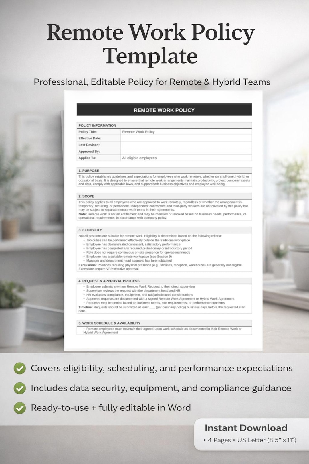 Remote Work Policy Template | Editable HR Policy for Hybrid Teams ...