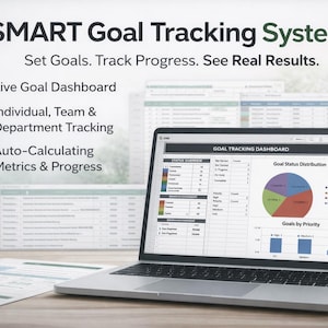 Op de afbeelding: Een laptop met een SMART Goal Tracking System-interface met grafieken en gegevens. Het scherm toont een cirkeldiagram en gegevenstabellen. Tekst op het scherm is onder meer "Live Goal Dashboard" en "Individual, Team & Department Tracking". De afbeelding bevat ook de tekst "Set Goals. Track Progress. See Real Results."