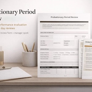 Puede incluir: Imagen de un formulario de "Revisión del período de prueba", diseñado para evaluaciones de desempeño estructuradas. El formulario incluye secciones para información del empleado, detalles de la revisión y evaluación del desempeño.