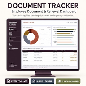 Employee Document Tracker Excel Dashboard, HR Compliance and Renewal Log