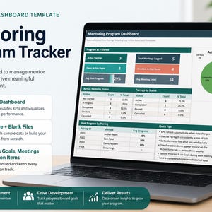 Peut inclure: Un ordinateur portable affiche un tableau de bord "Mentoring Program Tracker". L'écran présente des visualisations de données, notamment des graphiques et des tableaux. Le modèle comprend des fonctionnalités pour le suivi des objectifs, des réunions et des actions.
