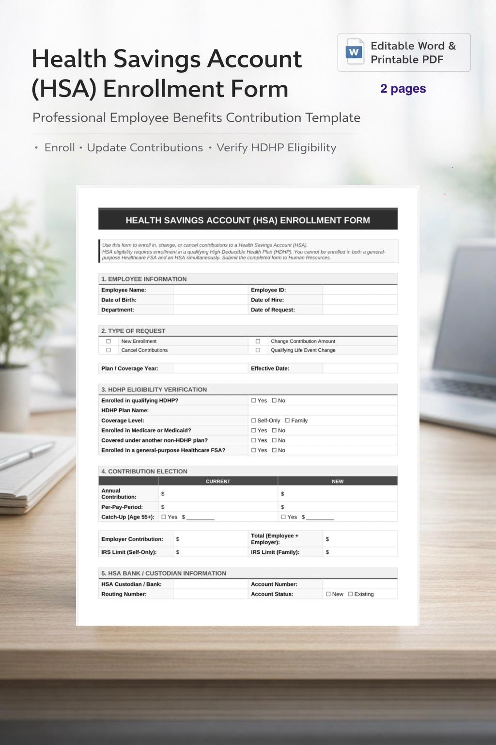 HSA Enrollment Form Template | Editable Employee Contribution Form - Etsy