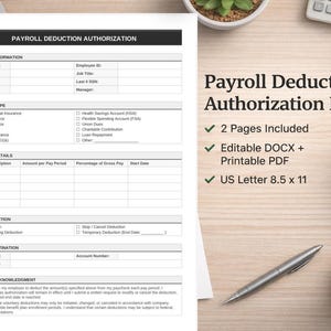 May include: A Payroll Deduction Authorization Form on a wooden desk, with a laptop, coffee cups, and a pen. The form includes sections for employee information, deduction type, and payment destination. Text on the right side says "Payroll Deduction Authorization Form".
