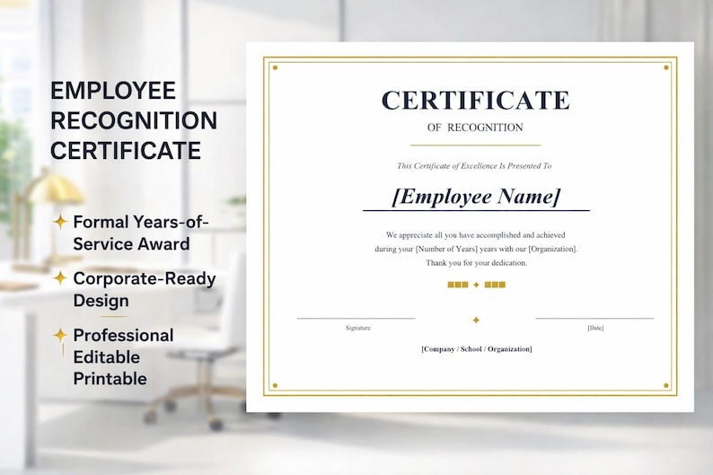 Employee Recognition Certificate Template | Editable Word & Printable ...