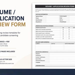 May include: A resume and application review form template. The form includes sections for applicant information, minimum qualifications screening, relevant work experience, education, and screening details. The document is US Letter size, 8.5" x 11", and includes 2 pages.
