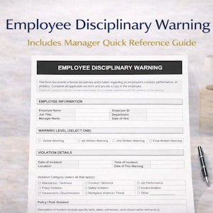 Könnte beinhalten: Ein gedrucktes Formular mit der Bezeichnung "Employee Disciplinary Warning" mit dem Text "Includes Manager Quick Reference Guide". Das Formular enthält Abschnitte für Mitarbeiterinformationen, Warnstufe und Verstossdetails. Ein Stift, ein Notizblock und eine Uhr sind ebenfalls sichtbar.