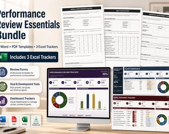 May include: A Performance Review Essentials Bundle featuring 10 Word and PDF templates and 3 Excel trackers. The display shows document layouts for annual reviews, self-evaluations, and development plans alongside a digital performance review dashboard.