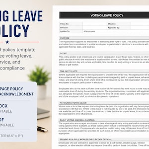 Op de afbeelding: Een document getiteld "VOTING LEAVE POLICY" met een blauw en wit ontwerp. Het document is een bewerkbare HR-beleidssjabloon voor verlof voor werknemers, verkiezingsdienst en richtlijnen voor naleving op de werkplek.