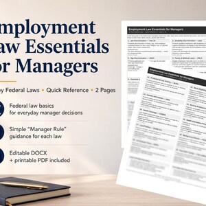 May include: A two-page Employment Law Essentials for Managers document featuring 20 key federal laws, quick reference guides, and manager rules. The set includes an editable DOCX file and a printable PDF, displayed alongside a dark blue notebook.