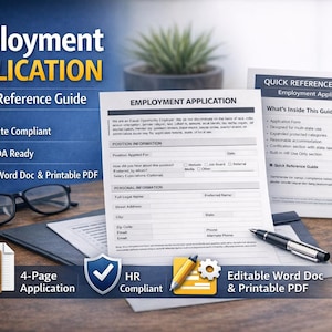 May include: An employment application and quick reference guide are displayed on a wooden desk. The application is multi-state compliant, EEO & ADA ready, and an editable Word Doc & printable PDF. A cup of coffee, glasses, and a pen are also on the desk.