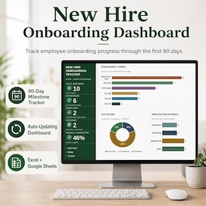Op de afbeelding: Een computermonitor met een dashboard voor het onboarden van nieuwe medewerkers, inclusief datavisualisaties zoals een staafdiagram, een cirkeldiagram en een voortgangstracker. Het scherm toont statistieken voor 10 nieuwe medewerkers en afdelingen.