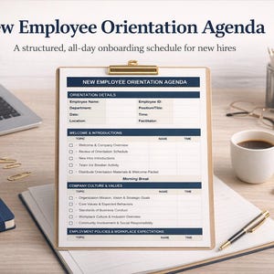 Agenda per l'orientamento dei nuovi dipendenti / Programma di onboarding del primo giorno / Word modificabile + PDF stampabile