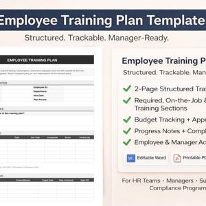 May include: An employee training plan template titled "Employee Training Plan Template" in a dark blue header. The template includes sections for employee information, training objectives, and required training. The right side lists features like a 2-page structured plan and budget tracking.