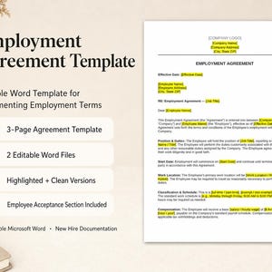 May include: A template for an Employment Agreement, with the title "Employment Agreement Template". The document includes sections for documenting employment terms, a 3-page agreement, 2 editable Word files, highlighted and clean versions, and an employee acceptance section.