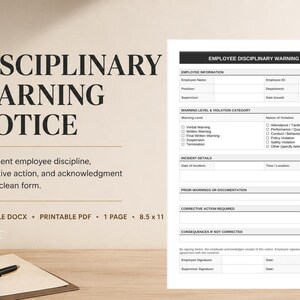 May include: A document titled "DISCIPLINARY WARNING NOTICE" with a clean layout. The document is designed to record employee discipline, corrective actions, and acknowledgments. It includes sections for employee information, violation categories, and incident details. The document is 21.59 x 27.94 cm.