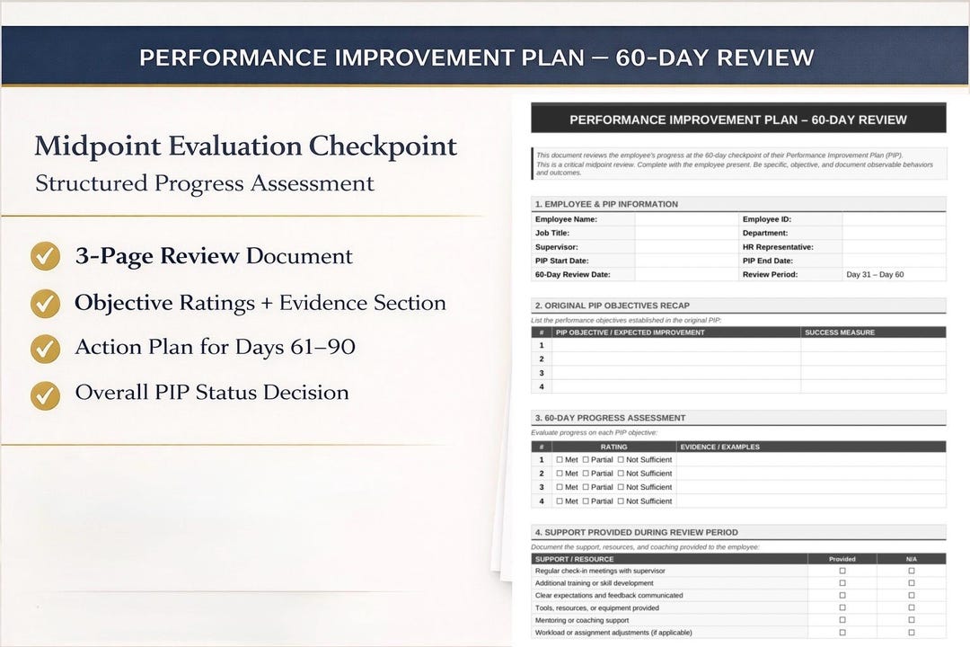 60 Day PIP Review Template | Performance Improvement Plan | Editable ...