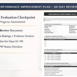 Puede incluir: Documento titulado "Plan de Mejora del Rendimiento - Revisión a 60 días" con secciones para información del empleado, objetivos, evaluación del progreso y apoyo. Incluye un documento de revisión de 3 páginas.