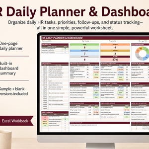 Puede incluir: Un planificador y panel de control diario de RR. HH. digital en un monitor de computadora. La hoja de cálculo incluye secciones para horarios diarios, relaciones laborales, contratación, beneficios y listas de tareas con indicadores.