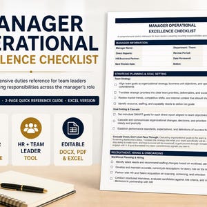 以下が含まれることがあります： 「Manager Operational Excellence Checklist」というタイトルの専門的なチェックリスト。チームリーダー向けの包括的な職務リファレンスです。6ページのチェックリスト、2ページのクイックリファレンスガイド、Excelバージョンが含まれています。