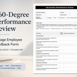 Pode incluir: Um formulário de feedback de funcionários de 2 páginas intitulado "360-Degree Performance Review", disponível em PDF para impressão e DOCX editável. O formulário inclui seções para revisão do funcionário, cargo e período de revisão.