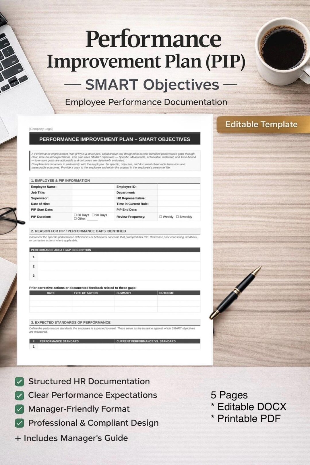 Pip Goals Examples Performance Improvement Plan Template | SMART Goals PIP | Editable HR ...