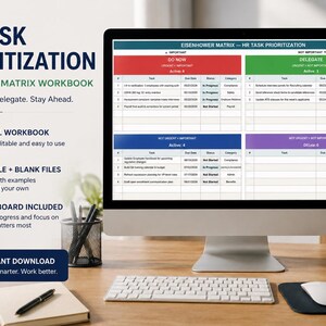 May include: A computer monitor displays an Eisenhower Matrix for HR task prioritization. The screen shows a spreadsheet with color-coded sections for task management. A keyboard, mouse, and coffee mug are on the wooden desk. The image also includes text: "Excel Workbook", "Sample + Blank Files", and "Dashboard Included".
