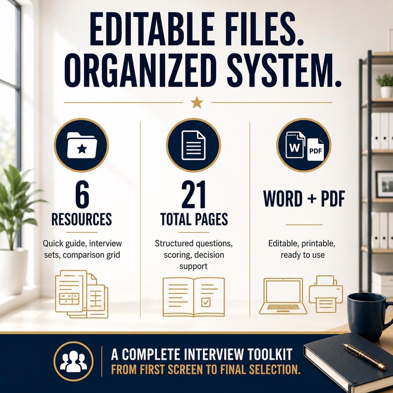May include: A digital document set titled EDITABLE FILES. ORGANIZED SYSTEM. featuring 6 resources, 21 total pages, and Word plus PDF formats. The graphic includes icons for folders, documents, and computers, with text describing an interview toolkit.