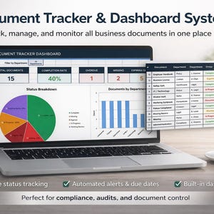 May include: A laptop displays a document tracker dashboard with charts and data tables. The screen shows "Document Tracker & Dashboard System" and "Track, manage, and monitor all business documents in one place". A cup of coffee sits nearby.