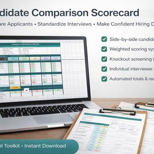 Puede incluir: Un portátil que muestra una tarjeta de puntuación de comparación de candidatos, con el texto "Candidate Comparison Scorecard". Dos portapapeles con tarjetas de puntuación similares y un bolígrafo están sobre la mesa. La imagen también incluye el texto "Editable Excel Toolkit • Instant Download".
