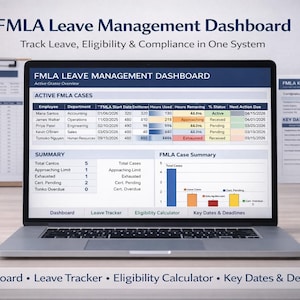 May include: A laptop displaying the FMLA Leave Management Dashboard with data tables and charts. The screen shows leave tracking information, eligibility details, and compliance data. The text on the screen reads "Track Leave, Eligibility & Compliance in One System."