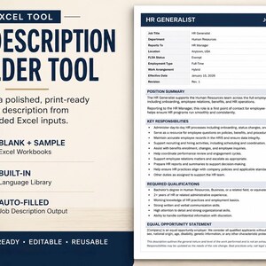 Modèle Excel de création de descriptions de poste | Outil de remplissage automatique avec bibliothèque de langage RH