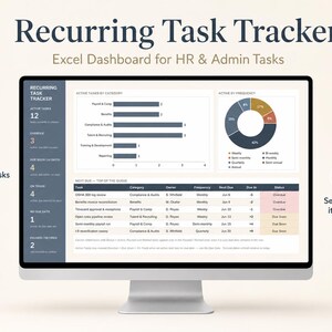 May include: A computer monitor displaying a Recurring Task Tracker Excel dashboard for HR and admin tasks. The screen shows a sidebar with task counts, a bar chart of active tasks by category, a donut chart of task frequency, and a table of upcoming tasks.