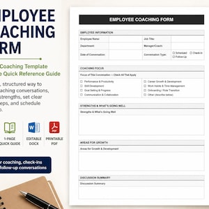 May include: A white Employee Coaching Form template with black text, including sections for employee information, coaching focus, strengths, areas for growth, and discussion summary. The form is designed for coaching conversations and follow-up.
