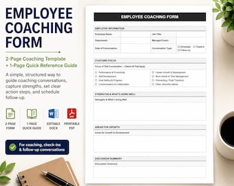 May include: A white Employee Coaching Form template with black text, including sections for employee information, coaching focus, strengths, areas for growth, and discussion summary. The form is designed for coaching conversations and follow-up.