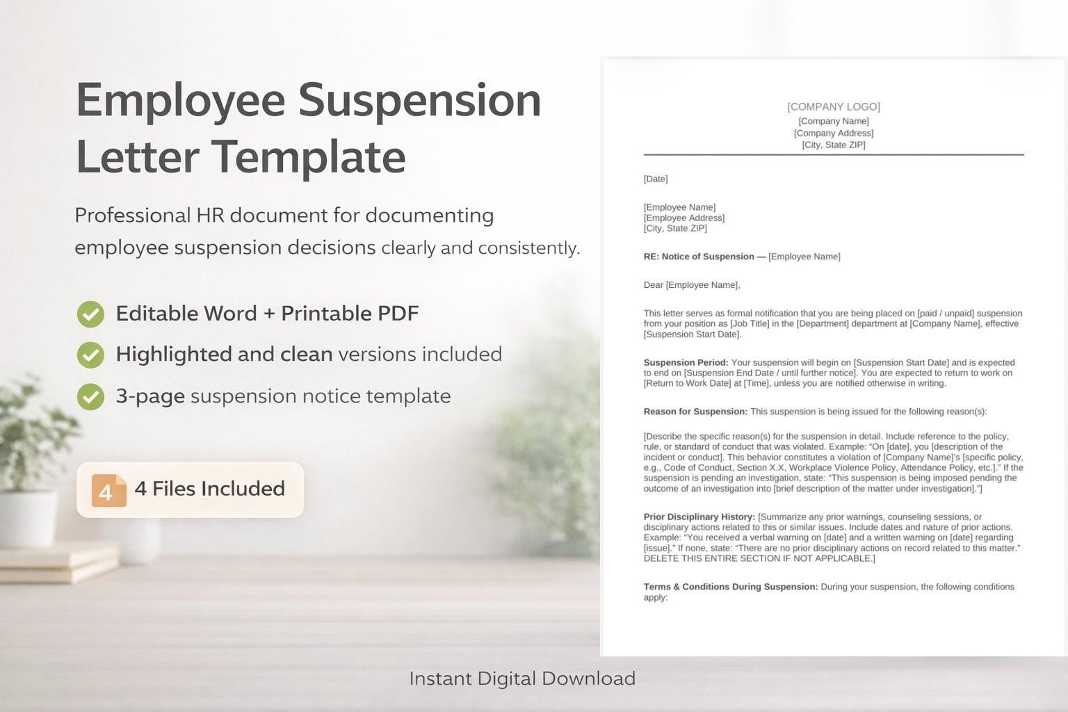 Employee Suspension Letter Template | Editable Word & PDF - Etsy