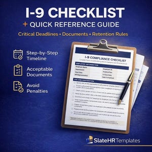 May include: A clipboard with an I-9 Compliance Checklist, a quick reference guide for employees and HR professionals. The checklist includes sections for employee information and pre-hire preparation. A pen rests on the checklist. The image also includes the text "I-9 CHECKLIST + QUICK REFERENCE GUIDE".