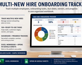 May include: A digital multi-new hire onboarding tracker displayed on a computer monitor. The screen shows a dashboard with a donut chart, task completion percentages, and tables for employee progress and open tasks by owner, with text labels.