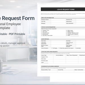 May include: A professional employee leave request form template. The form includes sections for employee information, leave type, leave details, and leave balance. The form is Word editable and PDF printable, with 2 pages.