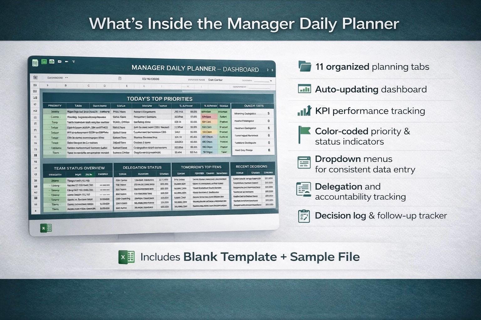 Manager & HR Daily Planner Template, KPI Dashboard, Team Tracker ...