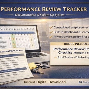 Puede incluir: Imagen de un producto digital con un portátil que muestra una hoja de cálculo, una lista de verificación y materiales adicionales. El texto dice "Performance Review Tracker" y "Performance Review Prep Checklist". Incluye "Excel Tracker" y "Editable Log".