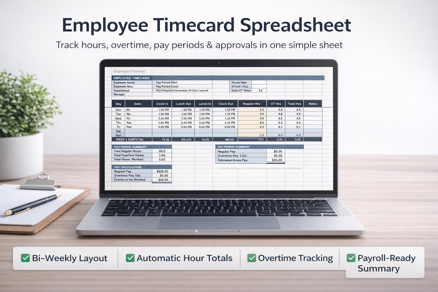 Employee Timecard Excel Template | Biweekly Timesheet With Overtime ...