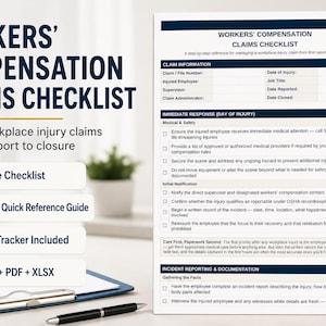 Op de afbeelding: Een document getiteld "WORKERS' COMPENSATION CLAIMS CHECKLIST" met een blauw en wit ontwerp. Het biedt richtlijnen voor het beheren van claims voor werkgerelateerde verwondingen. Inbegrepen zijn een checklist van 4 pagina's, een snelle referentiegids van 2 pagina's, een Excel-tracker en DOCX + PDF + XLSX-bestanden.