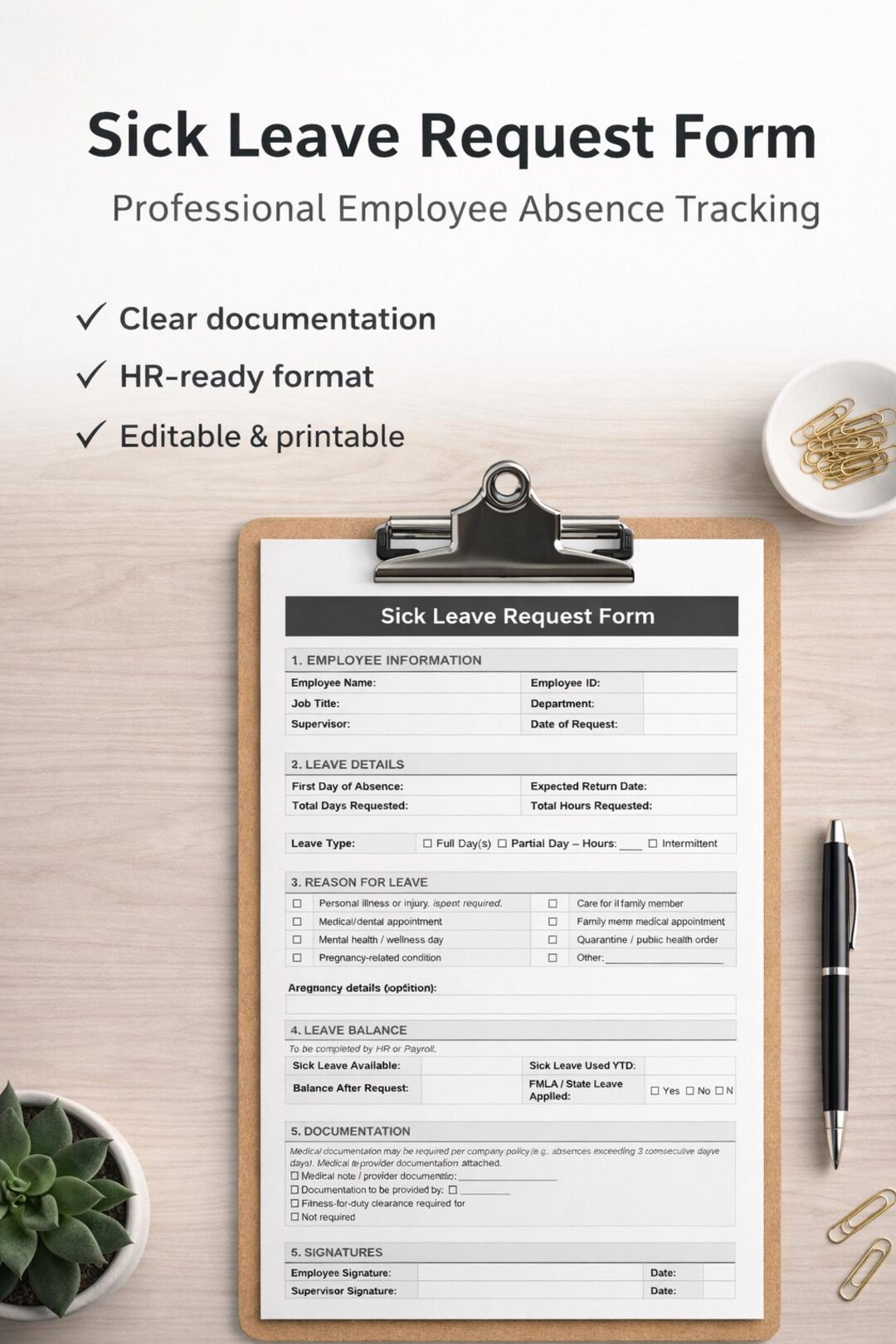 Sick Leave Request Form Template | 2-page Editable Word & Printable PDF ...