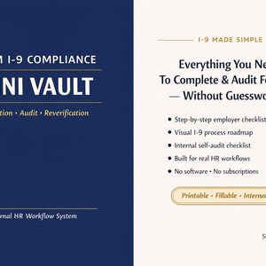 May include: A two-panel graphic with text about I-9 compliance. The left panel is dark blue with white text: "FORM I-9 COMPLIANCE MINI VAULT." The right panel is off-white with bullet points about completing and auditing Form I-9.