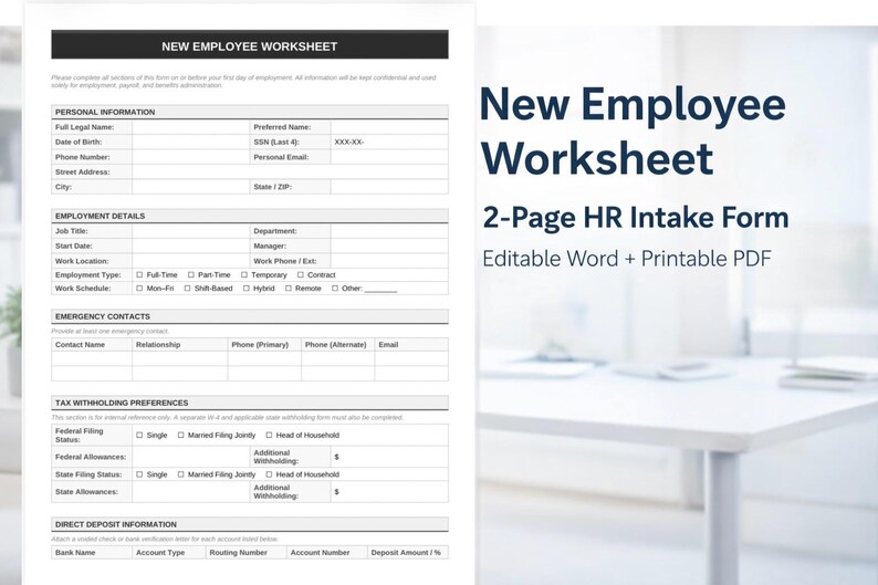 New Employee Worksheet | HR Onboarding Form - Etsy