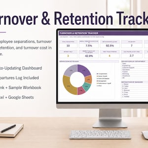 May include: A computer monitor displaying a Turnover & Retention Tracker dashboard with data tables, a pie chart, and department lists. The screen shows metrics like turnover rate, retention rate, and separation reasons in purple and white tones.