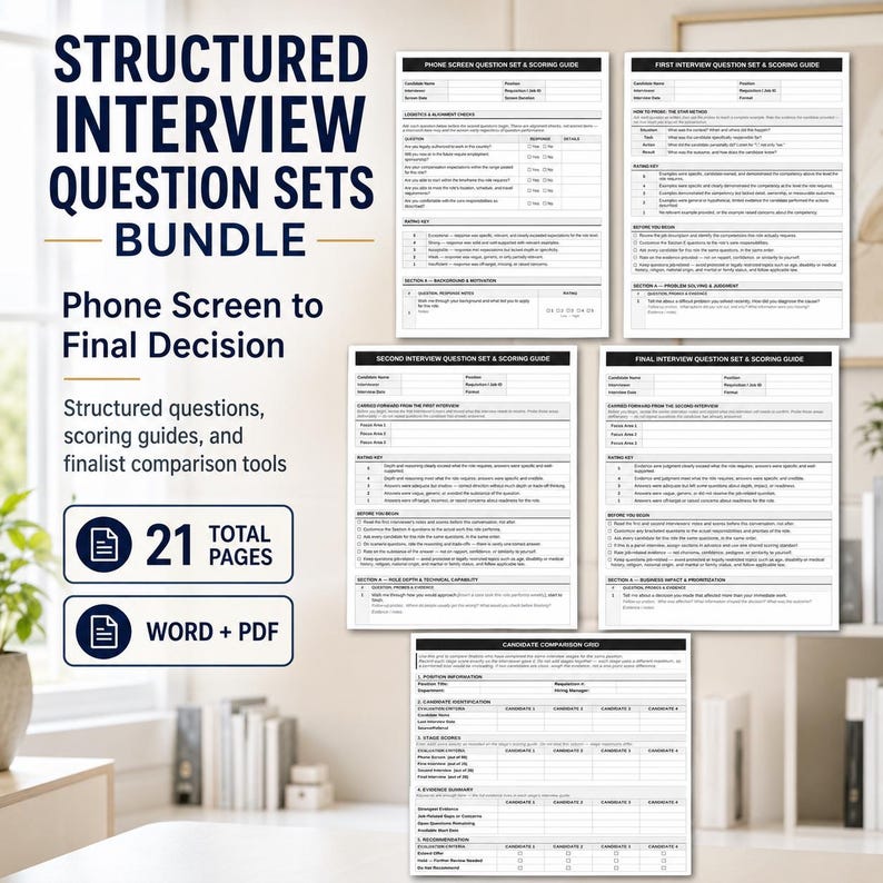 May include: A bundle of 21 pages of structured interview question sets and scoring guides in Word and PDF formats. The documents include phone screen, first, second, and final interview question sets, plus a candidate comparison grid.