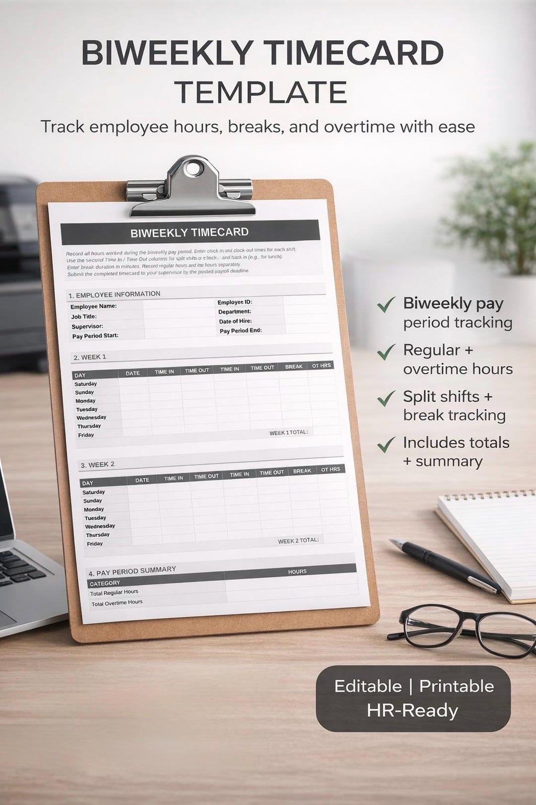 Biweekly Timecard Template – Employee Hours Tracker, Overtime Log ...