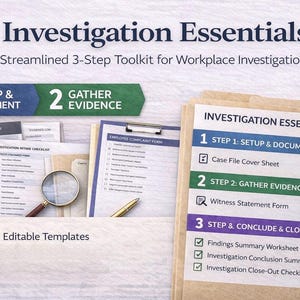 Zestaw narzędzi niezbędnych do dochodzeń | Listy kontrolne dochodzeń w miejscu pracy i formularze HR | Edytowalne pliki Word i PDF