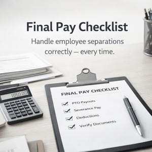 May include: A clipboard with a "Final Pay Checklist" and a pen. The checklist includes items like PTO Payouts, Severance Pay, and Deductions. A calculator displays "1850.00". The text reads "Handle employee separations correctly - every time."